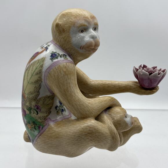 Vintage Chinoiserie Porcelain Ceramic Monkey Baby Lotus Flower People Rep China - Picture 9 of 16